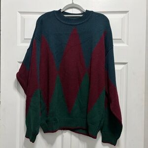 VINTAGE BASIX Men's Geometric Crewneck Sweater - Burgundy and Teal 90s grandpa